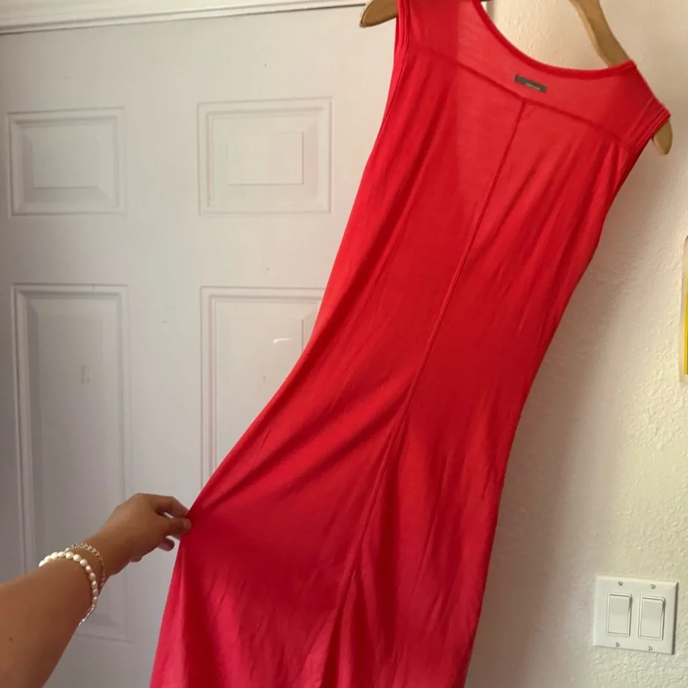 ICEBREAKER coral pink red orange wool surplice ruched midi dress - Picture 4 of 7